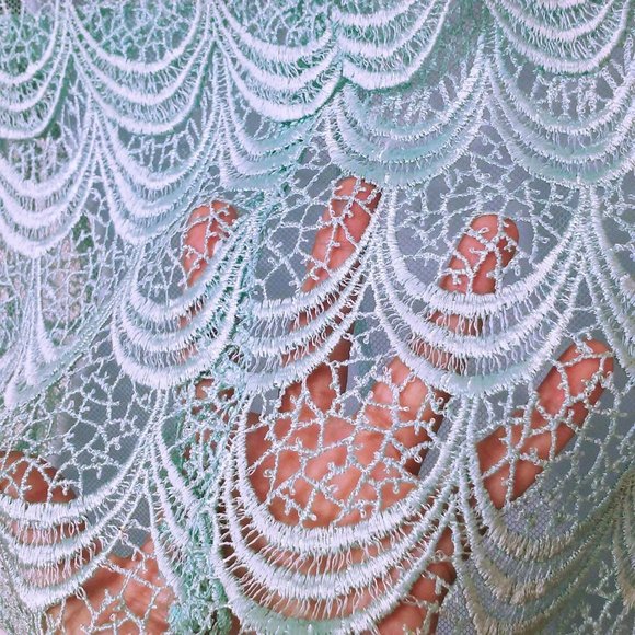 Vintage 70-80s Sheer Scalloped Lace Dress 6/8 Flutter Sleeve Snap-Back Turquoise - Picture 6 of 11